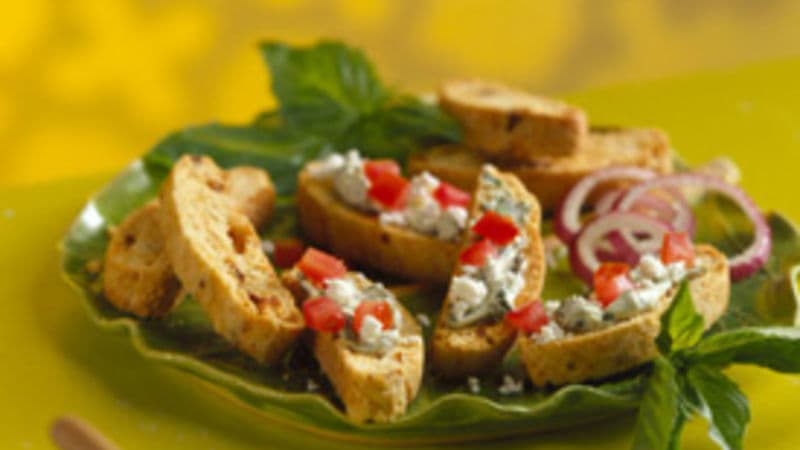 Sun-Dried Tomato Biscotti with Basil-Cream Cheese Topping